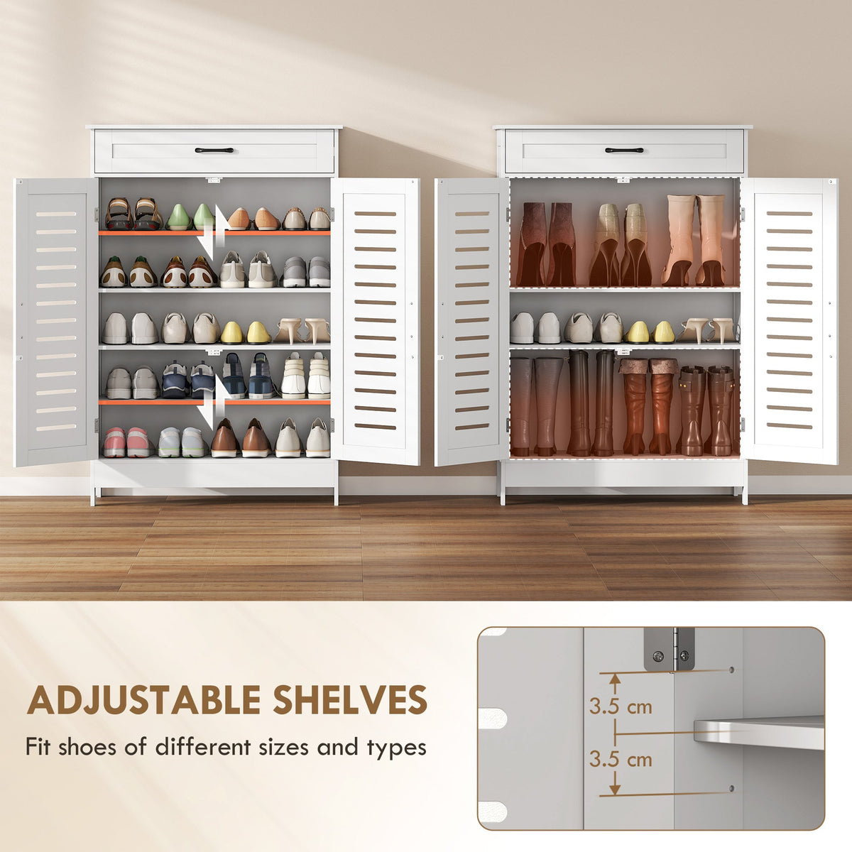 HOMCOM Shoe Cabinet with Louvered Doors, Modern Shoe Storage Cabinet with Drawer and Adjustable Shelves, White