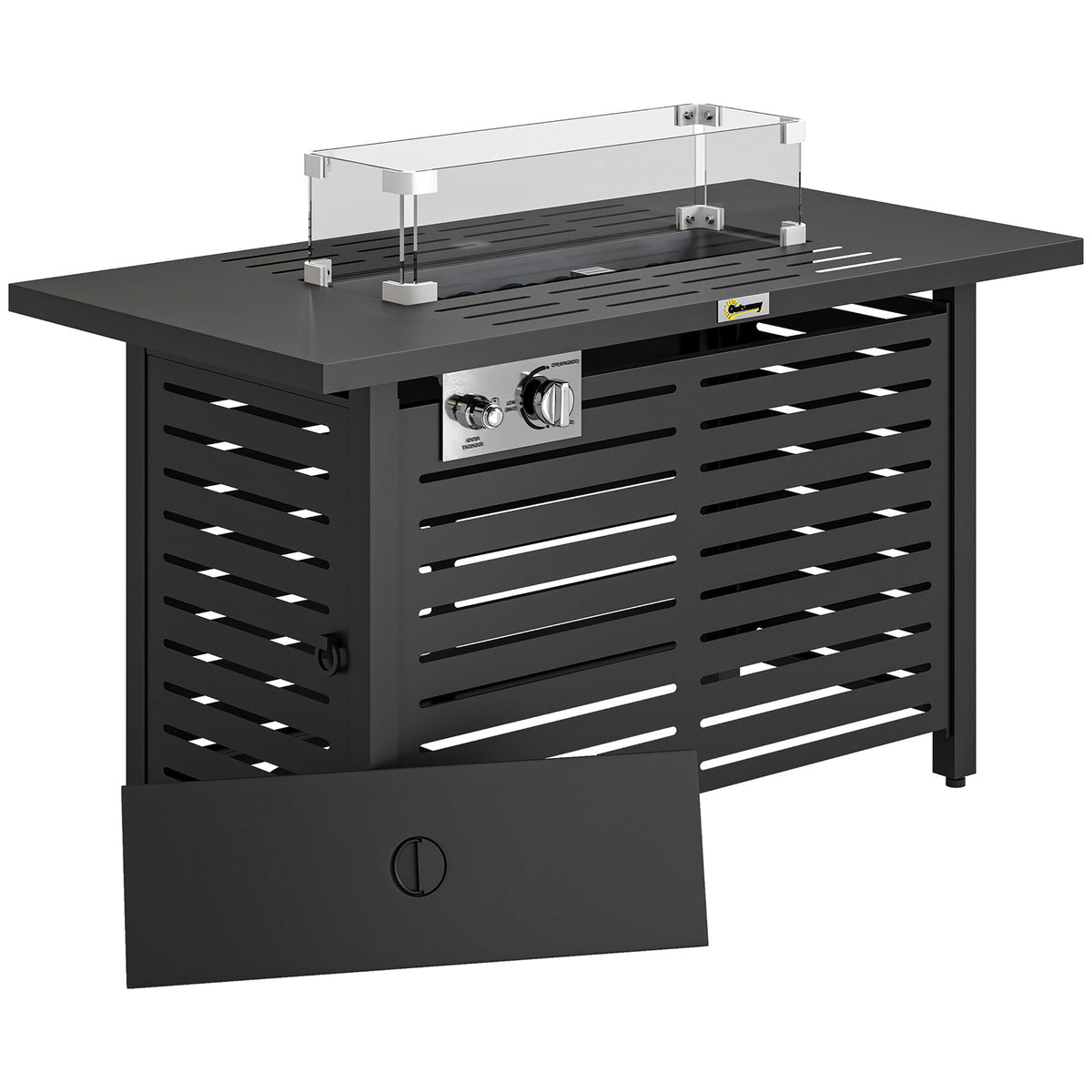 Outsunny Propane Gas Fire Pit Table, Outdoor Firepit with 43" Steel Tabletop and Lid, 50,000 BTU Pulse Ignition Fire Table w/ Stainless Steel Burner, Glass Wind Guard, and Cover