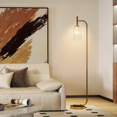 HOMCOM LED Floor Lamp for Living Room with Glass Lampshade, Modern Standing Lamp with Foot Switch, Adjustable Brightness, 2700K for Bedroom, Gold Tone