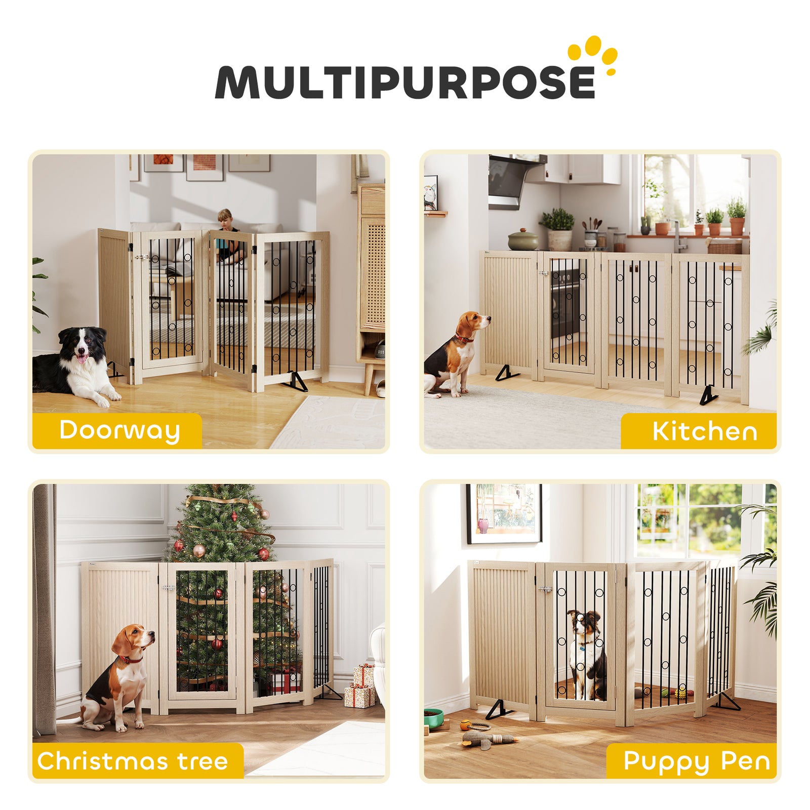 PawHut 4 Panel Freestanding Pet Gate, Indoor Dog Barrier with Lockable Door, Support Feet, 360° Flexible Hinges, Oak