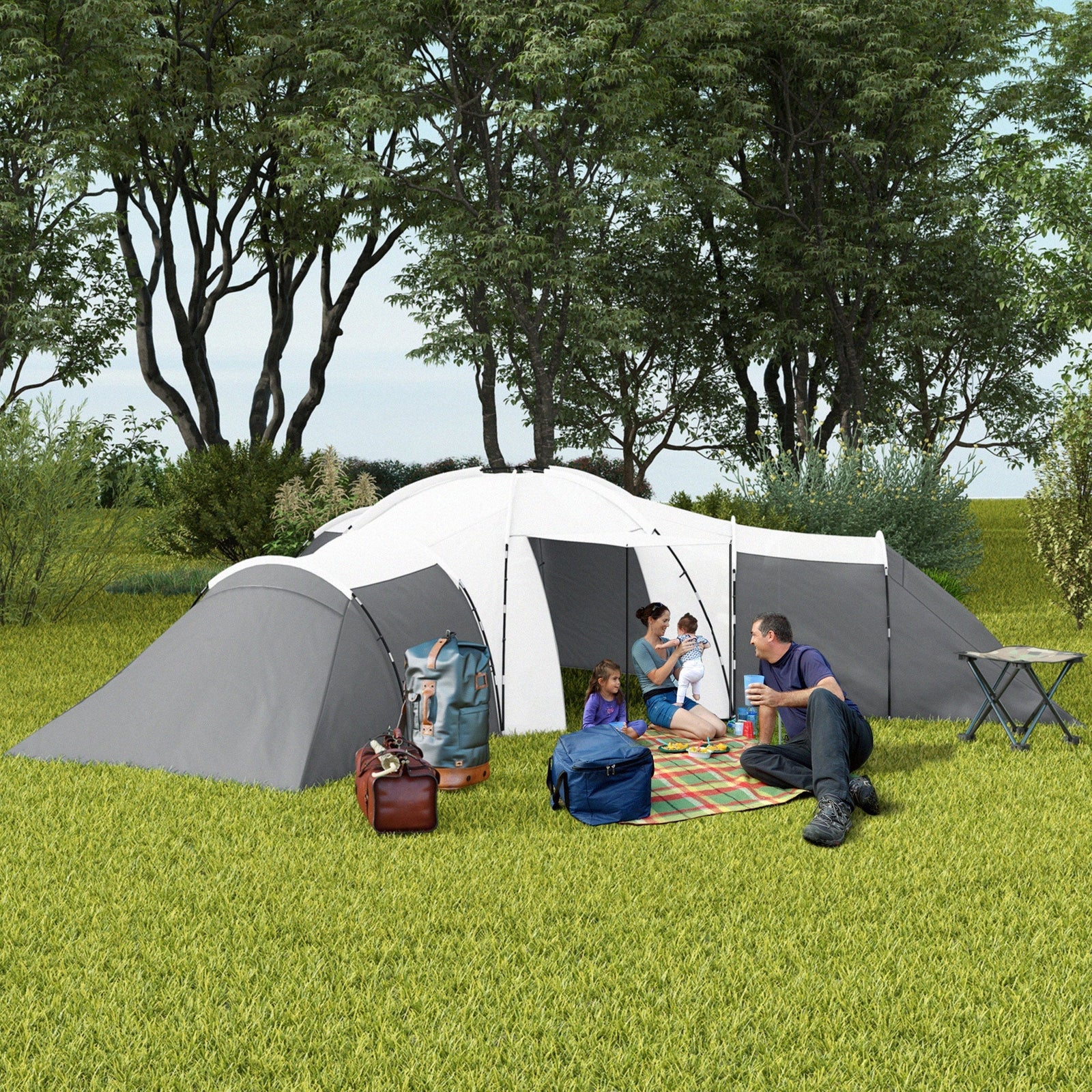 Outsunny 6-9 Man Tent with Bedrooms and Living Room, Accessories Included, Dark Grey