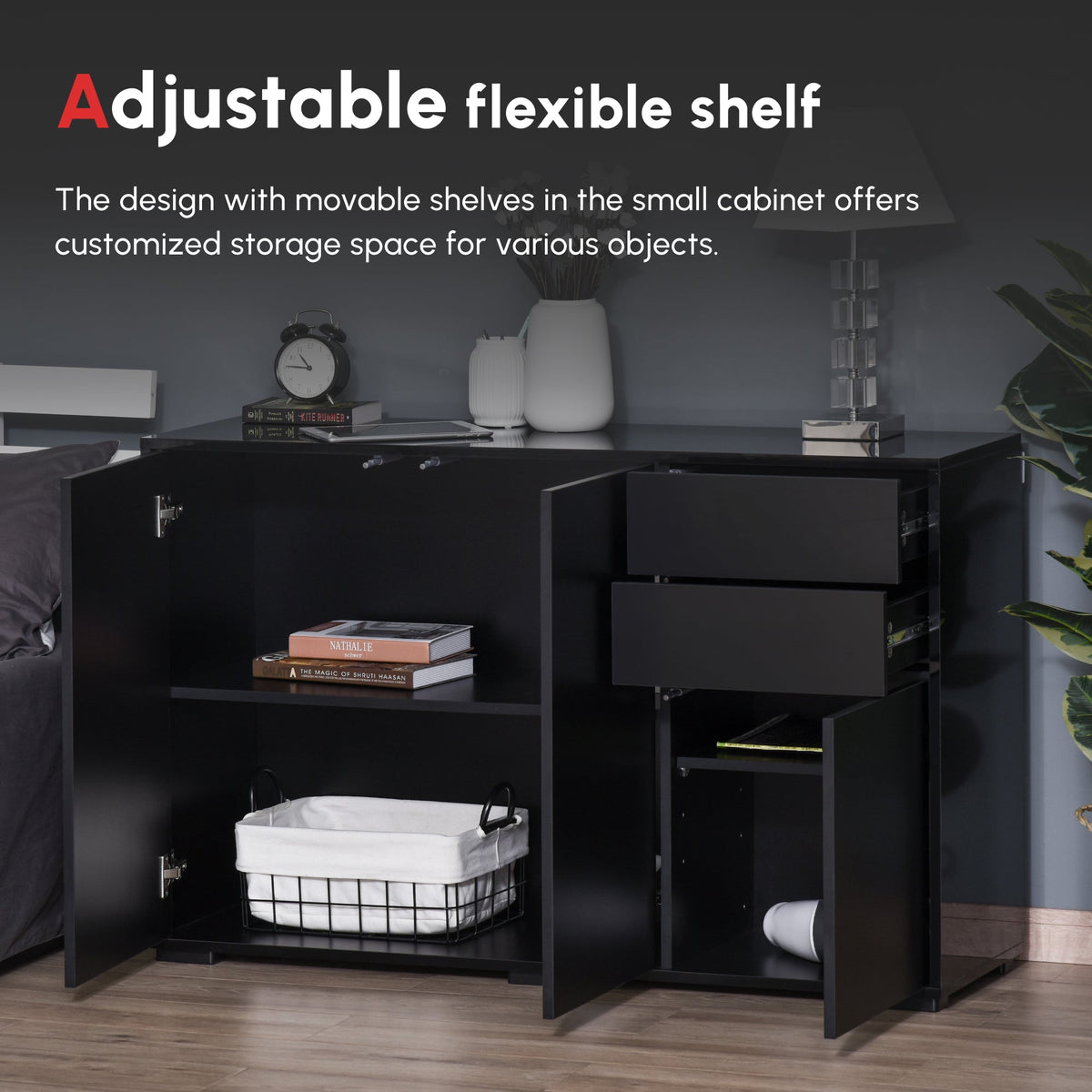 HOMCOM High Gloss Side Cabinet, Push-Open Design with 2 Drawers and 2 Cabinets for Living Room, 74H x 117W x 36Dcm, Black