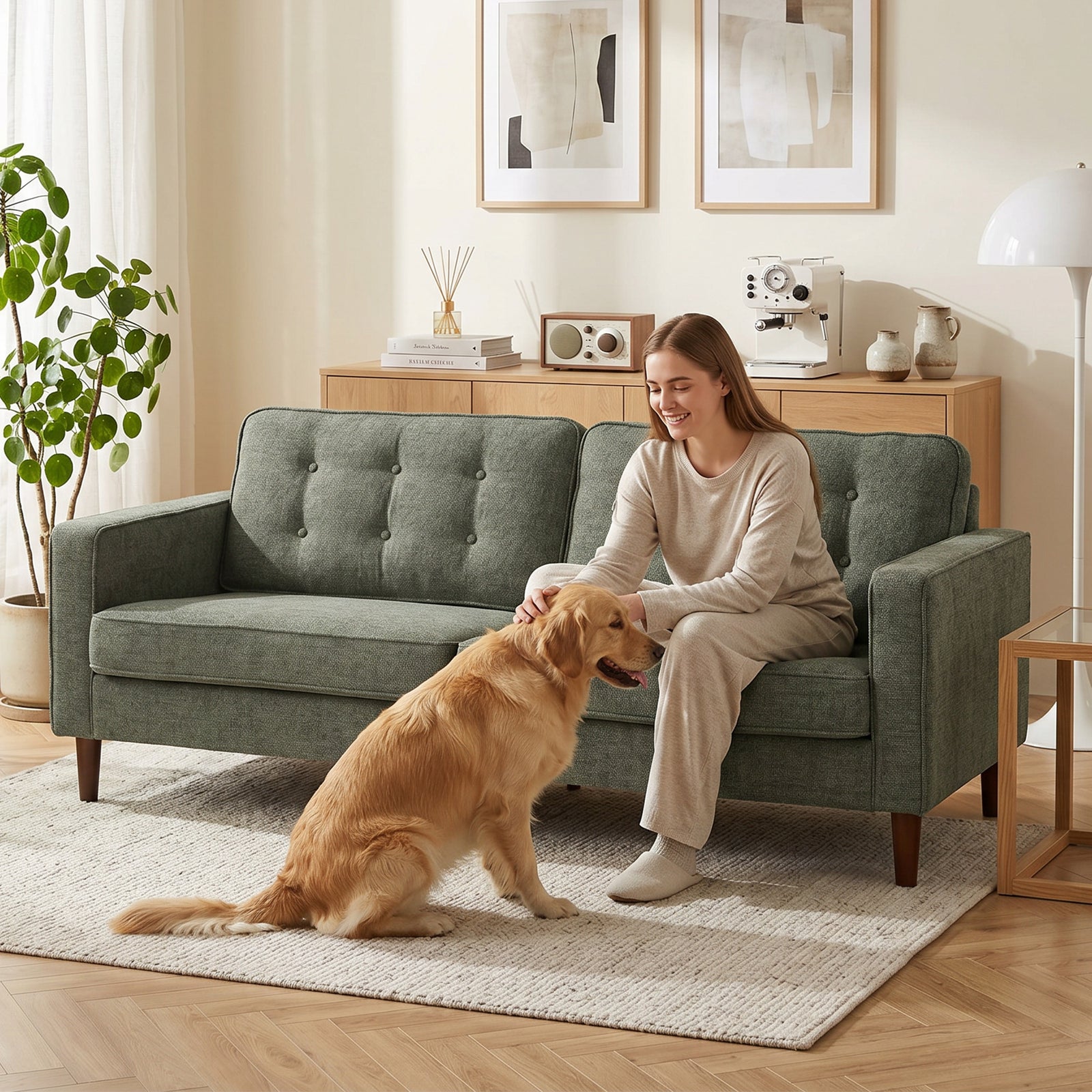 HOMCOM 3 Seater Sofa Button Tufted Upholstered Couch with Wood Legs for Living Room, Green