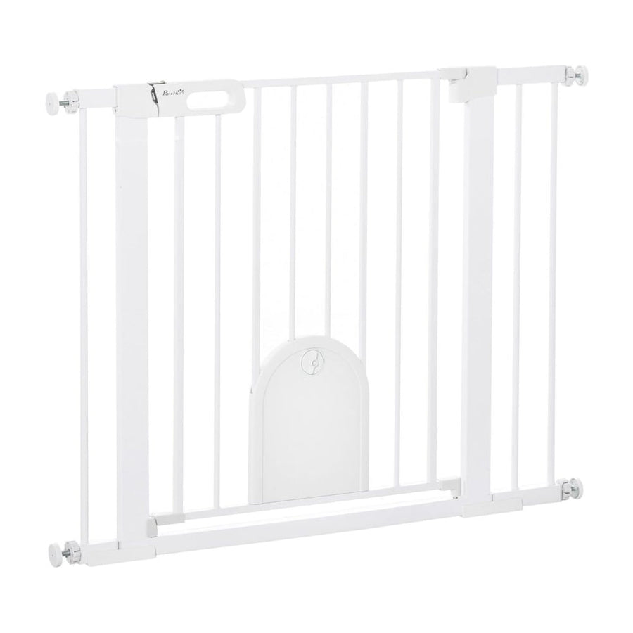 PawHut Dog Gate with Cat Flap Pet Safety Gate Barrier, Stair Pressure Fit, Auto Close, Double Locking, for Doorways