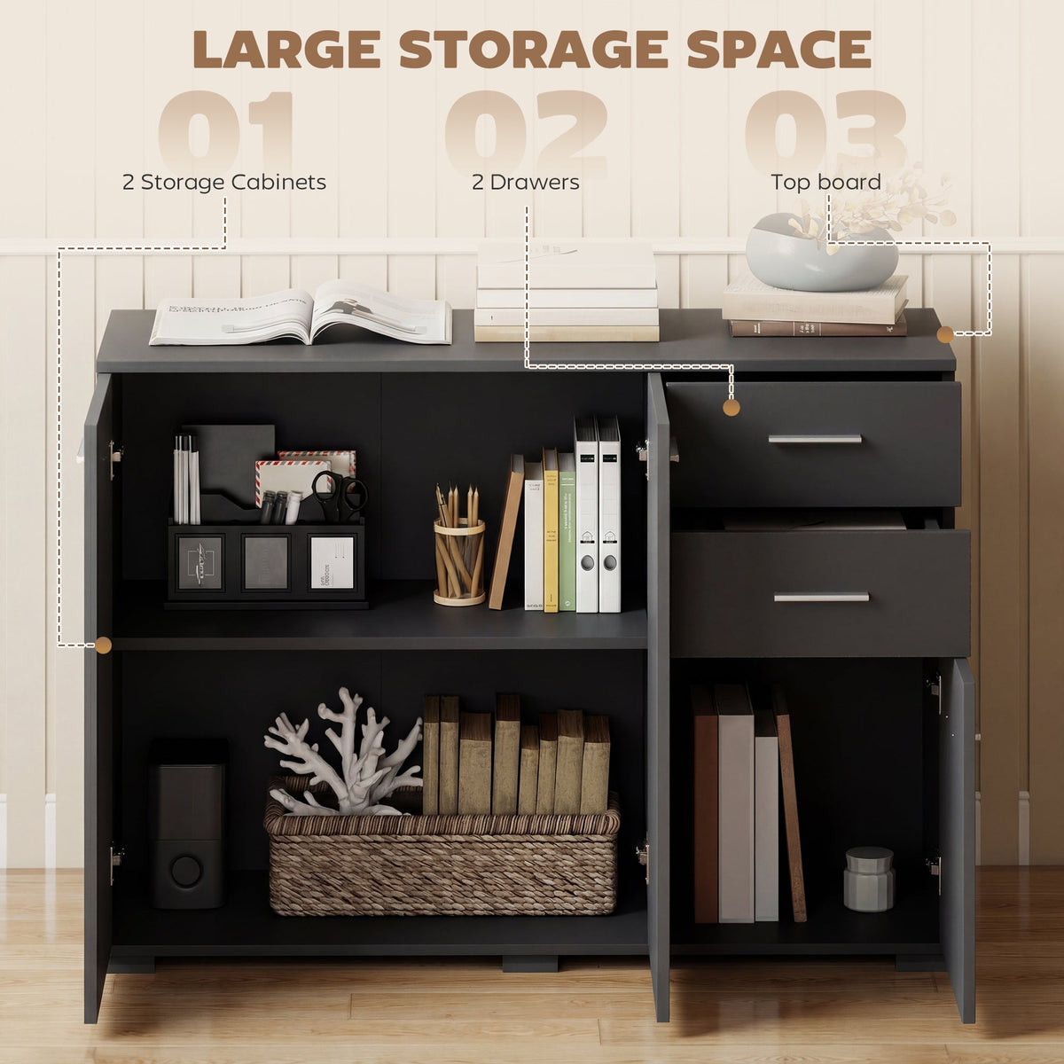 HOMCOM Sideboard, Modern Storage Cabinet with 2 Drawers, 3 Doors and Adjustable Shelves, Black