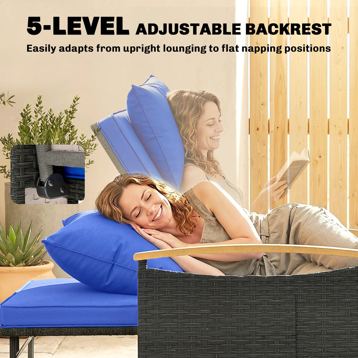 Outsunny Double Garden Rattan Daybed, Wicker Sun Bed Chaise Lounger with Storage Ottoman, 4-Level Adjustable Backrest, Brown