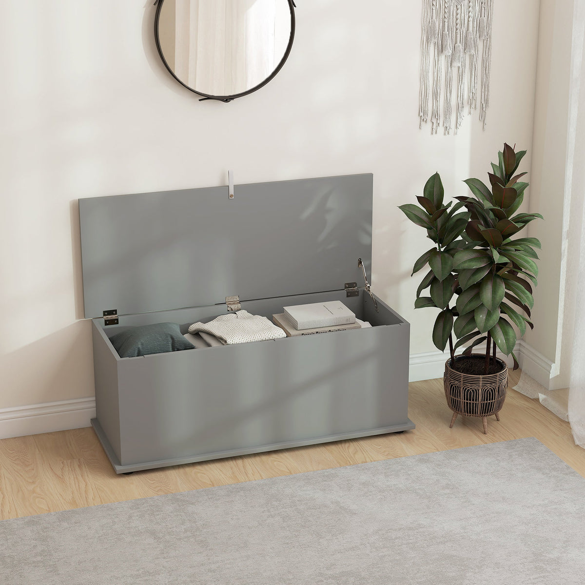HOMCOM 113L Storage Chest, Storage Box with Flip-Top Lid and 2 Safety Hinges, Storage Trunk for Living Room, Entryway, 100 x 40 x 40 cm, Grey