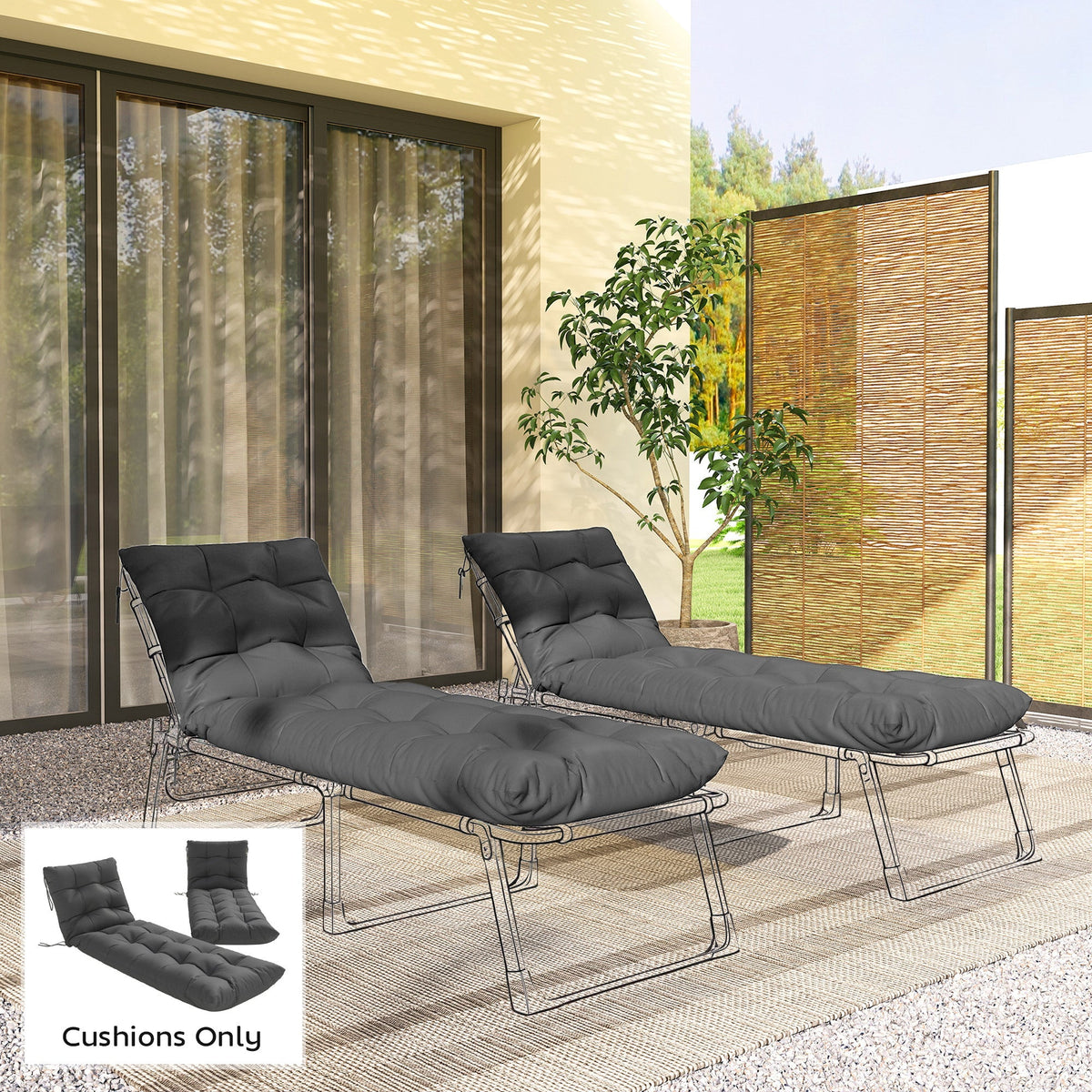 Outsunny Sun Lounger Cushions Only, Garden Lounge Chair Cushions Set of 2, Sunbed Replacement Pads with 4 Ties, Dark Grey