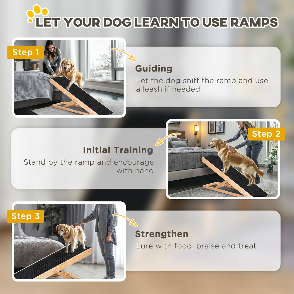The pet steps shown with a three-step guide on how to train a dog to use the ramp safely