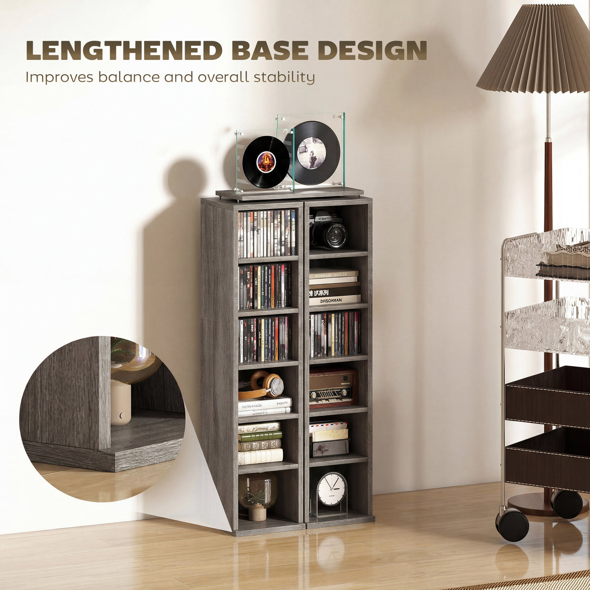 HOMCOM Set of 2 CD Media Display Shelf Unit Tower Rack with Adjustable Shelves, Distressed Grey