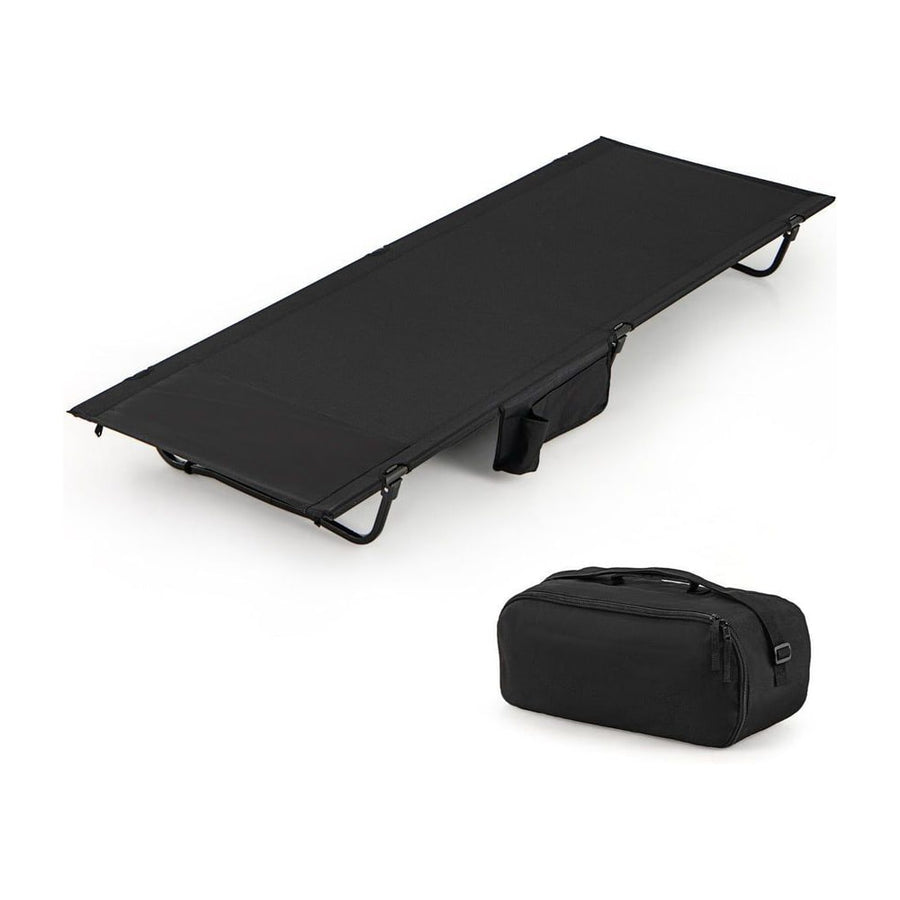Ultralight Camping Cot for Adults with Side Pocket in black, with a carry bag next to it