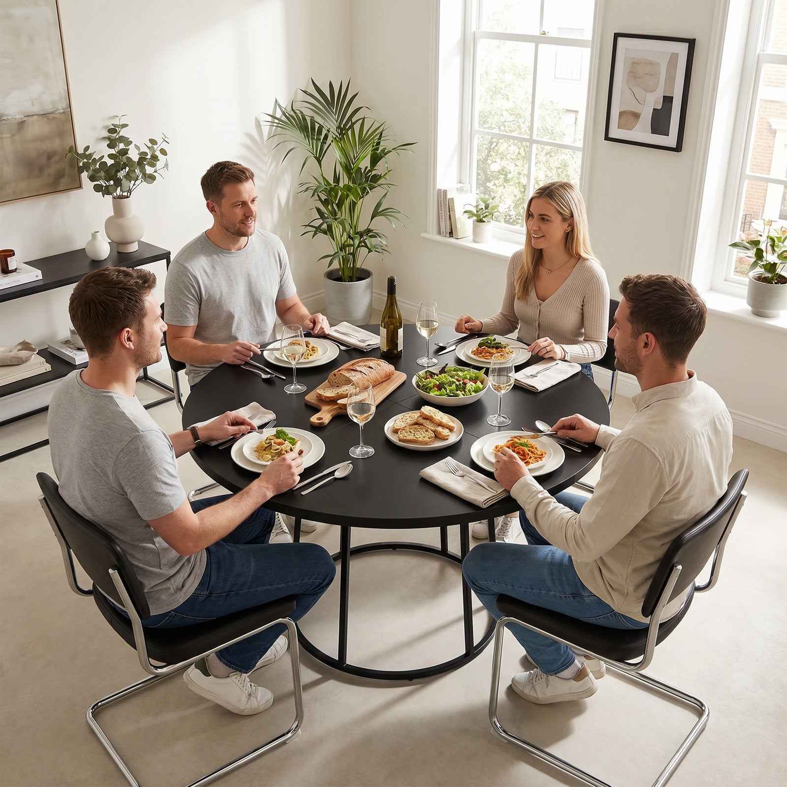HOMCOM Dining Table Space Saving Kitchen Table Spliced Tabletop Conical Metal Base 120 cm Round Black