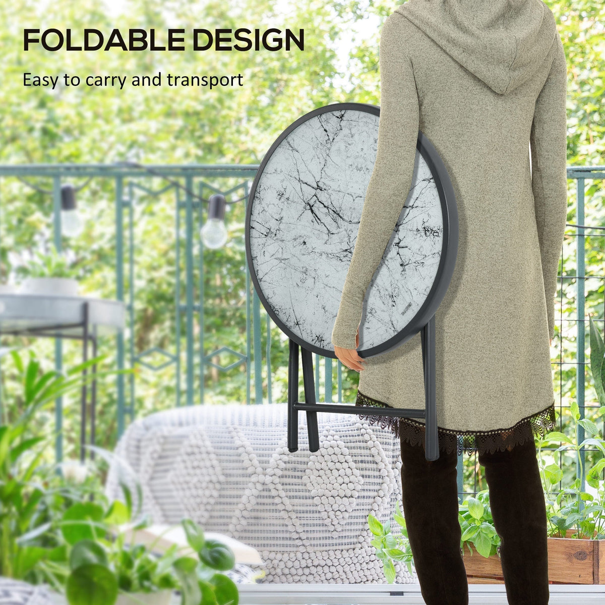 Outsunny a45cm Garden Side Table, Outdoor Round Folding Patio Table with Imitation Marble Glass Top, Small Coffee Table, White