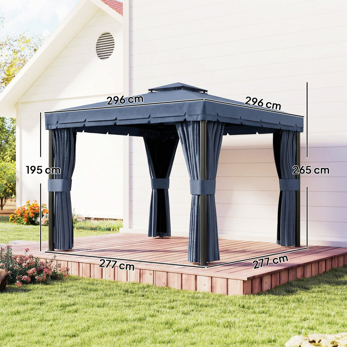 Outsunny 3 x 3(m) Patio Gazebo Canopy Garden Pavilion Tent Shelter Marquee with 2 Tier Roof, Netting and Curtains, Dark Blue