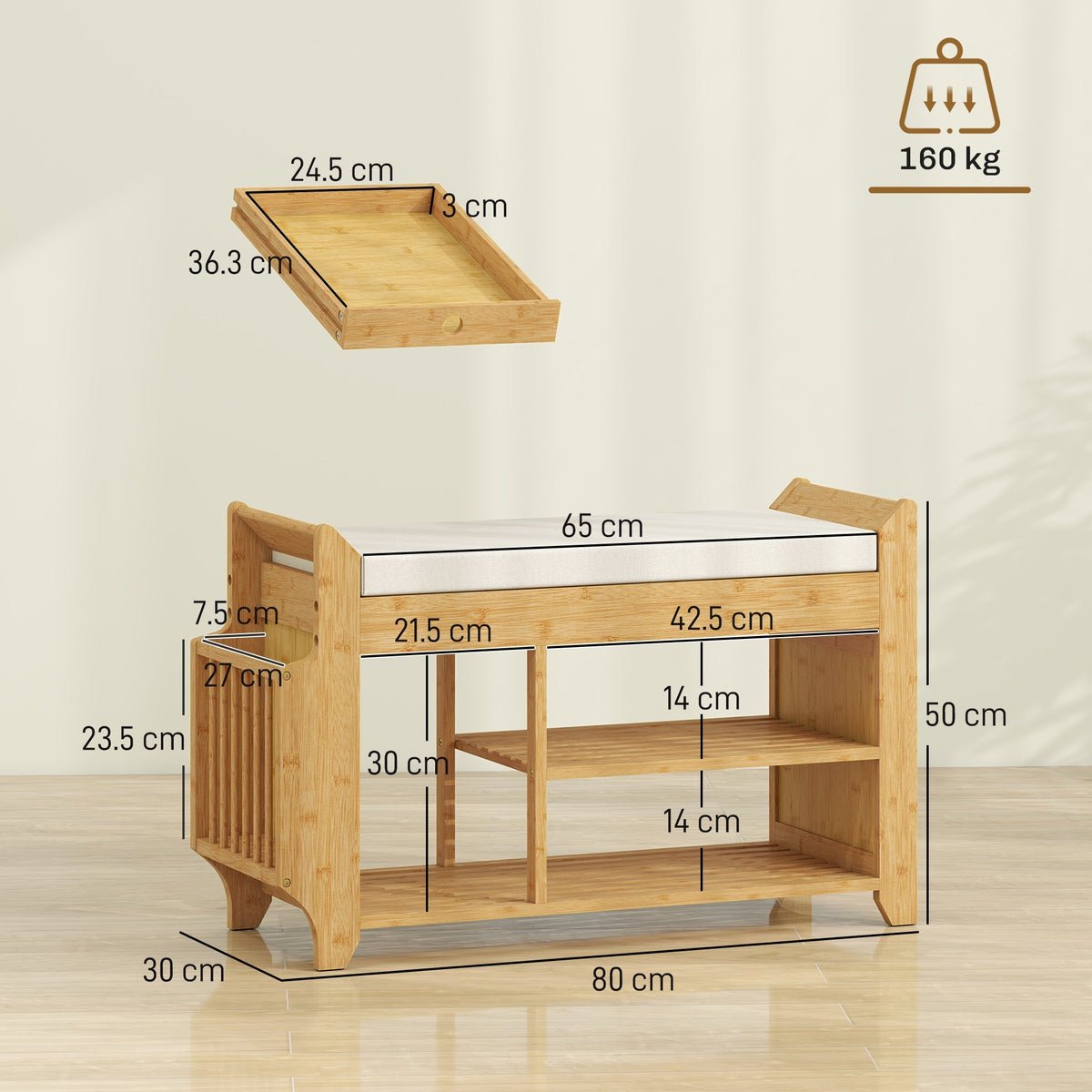 HOMCOM Shoe Bench 2-Tier Boot Section Entryway Storage Bench Cushioned Seat 100 x 30 x 50 cm Natural and Cream