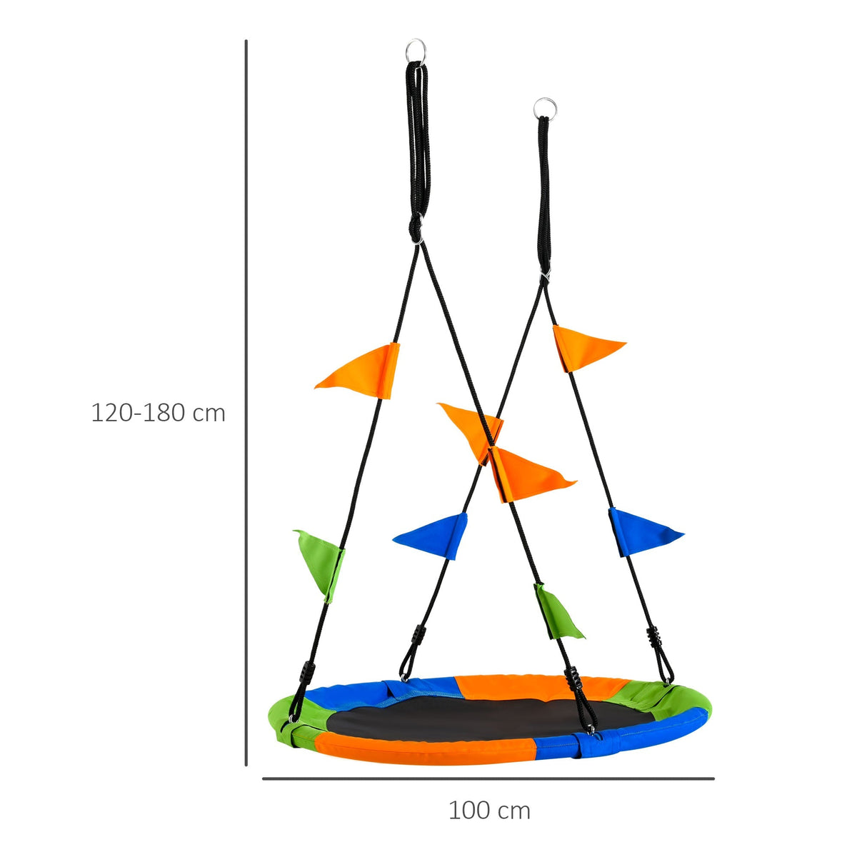 The saucer swing set shown against a white background with lines indicating its dimensions