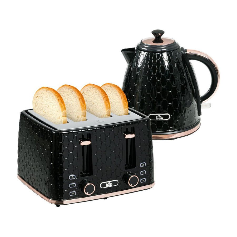 HOMCOM 1.7L 3000W Fast Boil Kettle & 4 Slice Toaster Set in black with a honeycomb design and rose gold accents