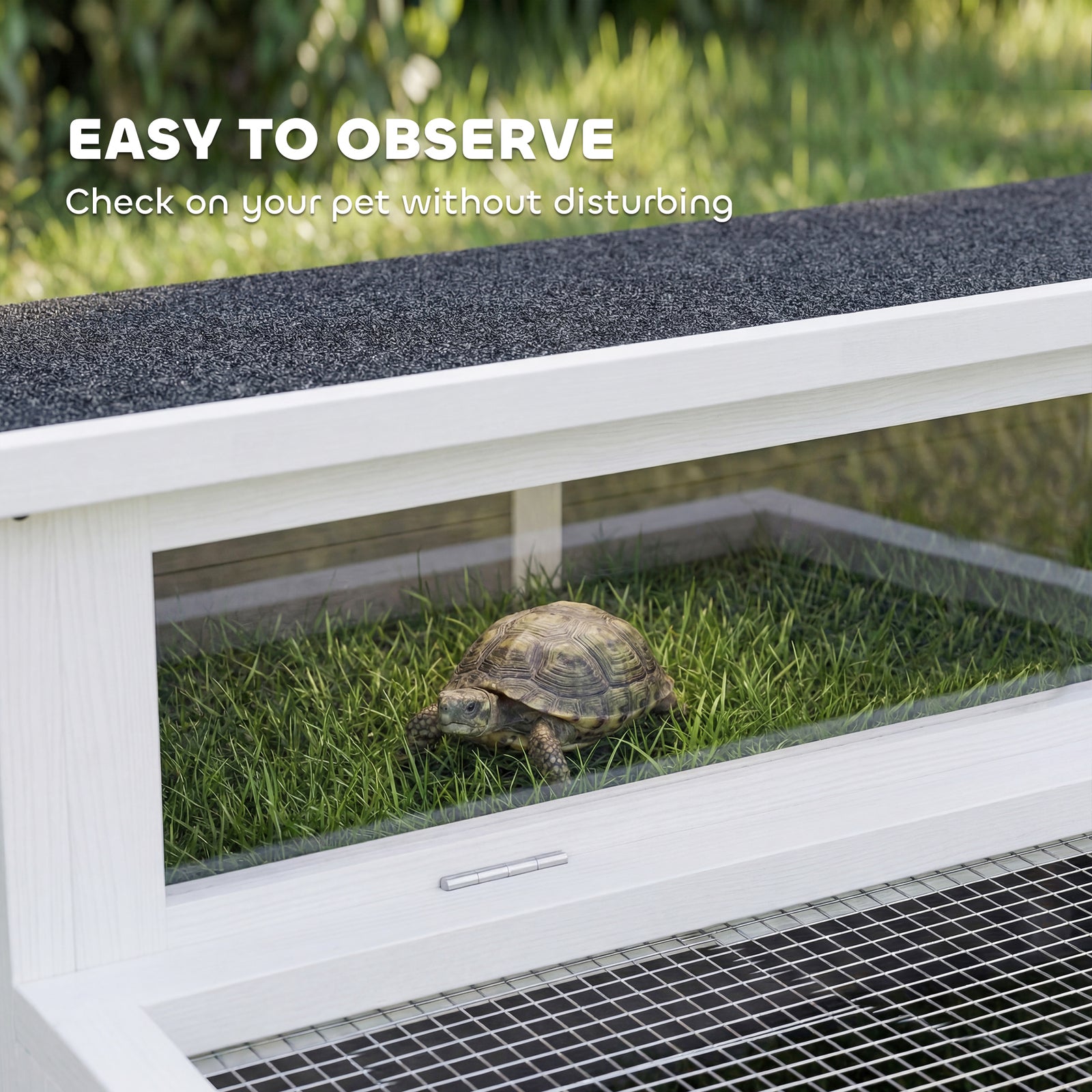 PawHut Wooden Tortoise House, Tortoise Enclosure with Clear Observation Window, Top Opening, Multiple Doors, Galvanised Mesh