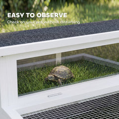 PawHut Wooden Tortoise House, Tortoise Enclosure with Clear Observation Window, Top Opening, Multiple Doors, Galvanised Mesh