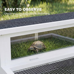 The tortoise house with a clear observation window showing a tortoise inside