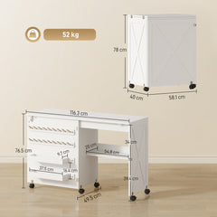 The white sewing table shown with dimensions and weight indicated