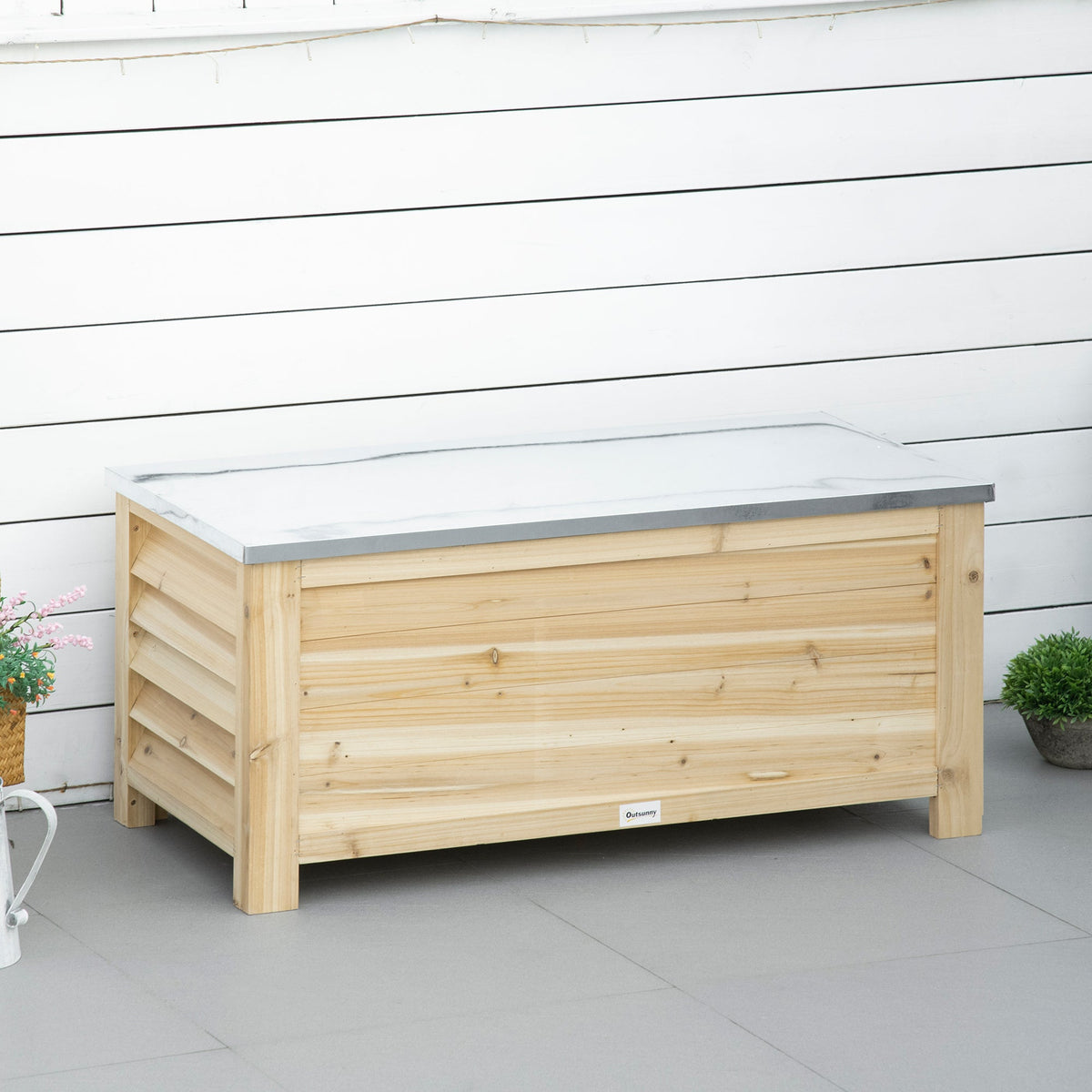 Outsunny 155L Outdoor Storage Box with Metal Top and Shutter Walls, Wooden Outside Tool organiser Container, for Garden, terrace