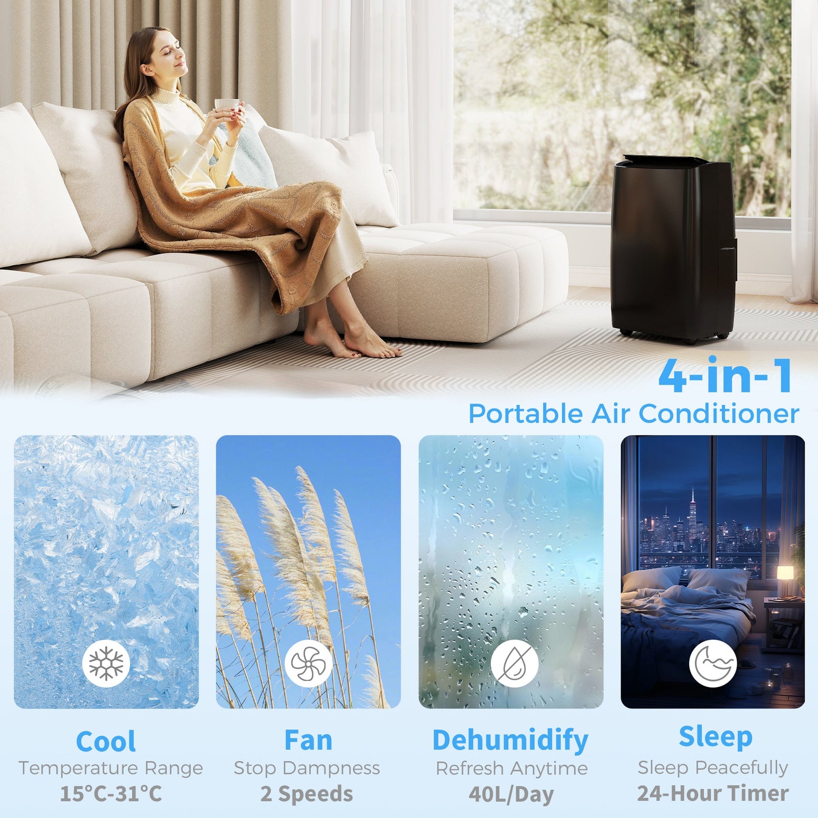 HOMCOM Portable Air Conditioner 14000 BTU, 4-in-1 Air Conditioning Unit, Dehumidifier, Cooling, Fan, Child Lock, 40m²