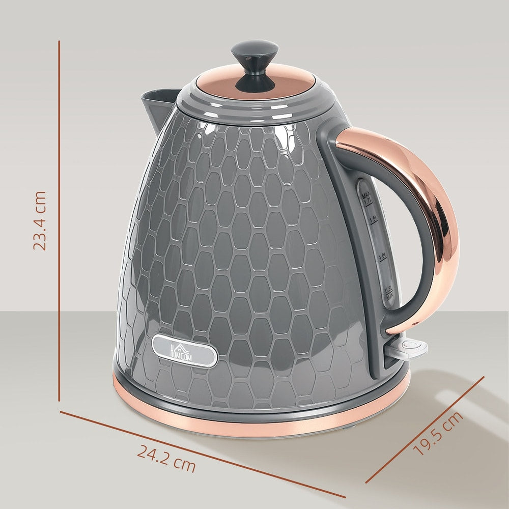The grey honeycomb kettle with red lines indicating its height, width and depth dimensions
