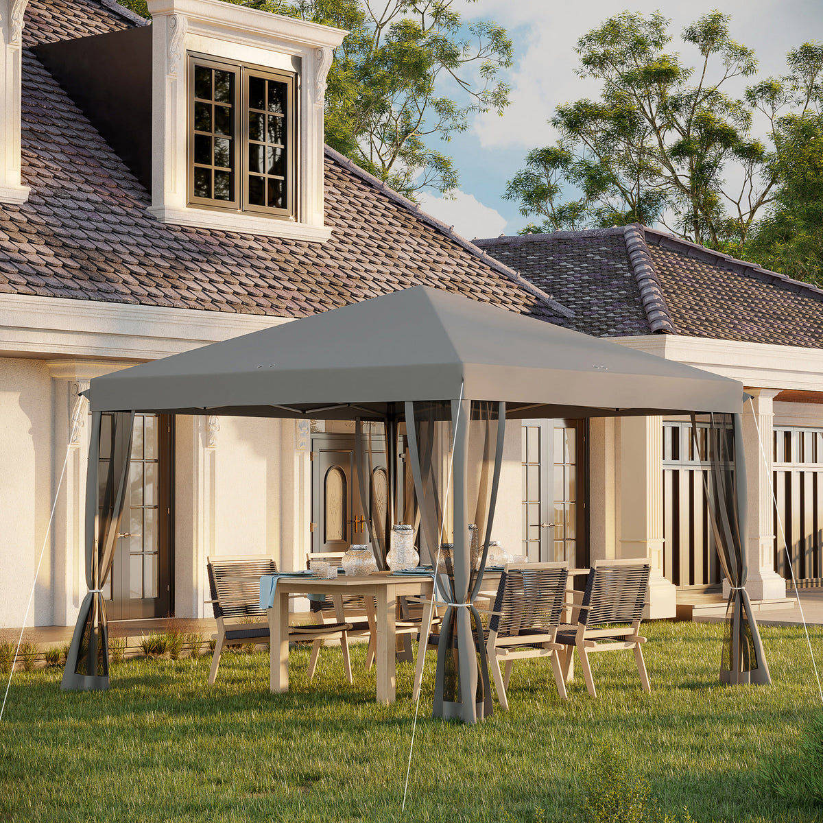 Outsunny 3 x 3 m Pop Up Gazebo, 420D Garden Tent Canopy with Removable Mesh Sidewall Netting, Carry Bag for Garden Patio Outdoor, Light Grey