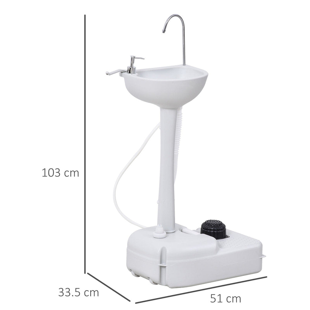 Portable handwash sink with dimensions indicated
