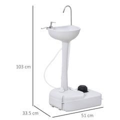 Portable handwash sink with dimensions indicated