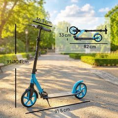 The blue kick scooter with dimensions shown for height, deck length and wheel width