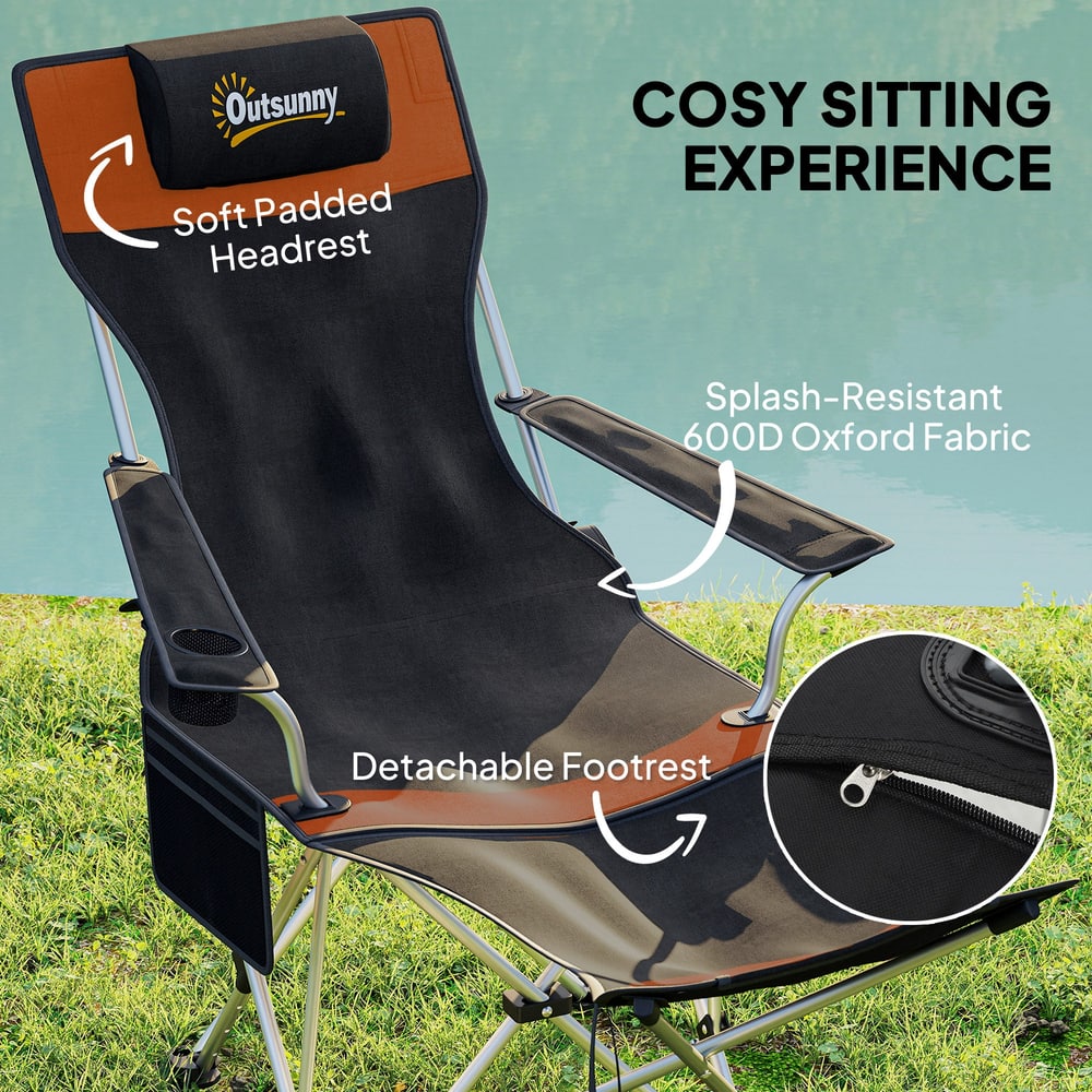 Outsunny Set of 2 Reclining Folding Camping Chair w/ Detachable Footrest, Storage Bag, Cup Holder & Headrest, Lightweight