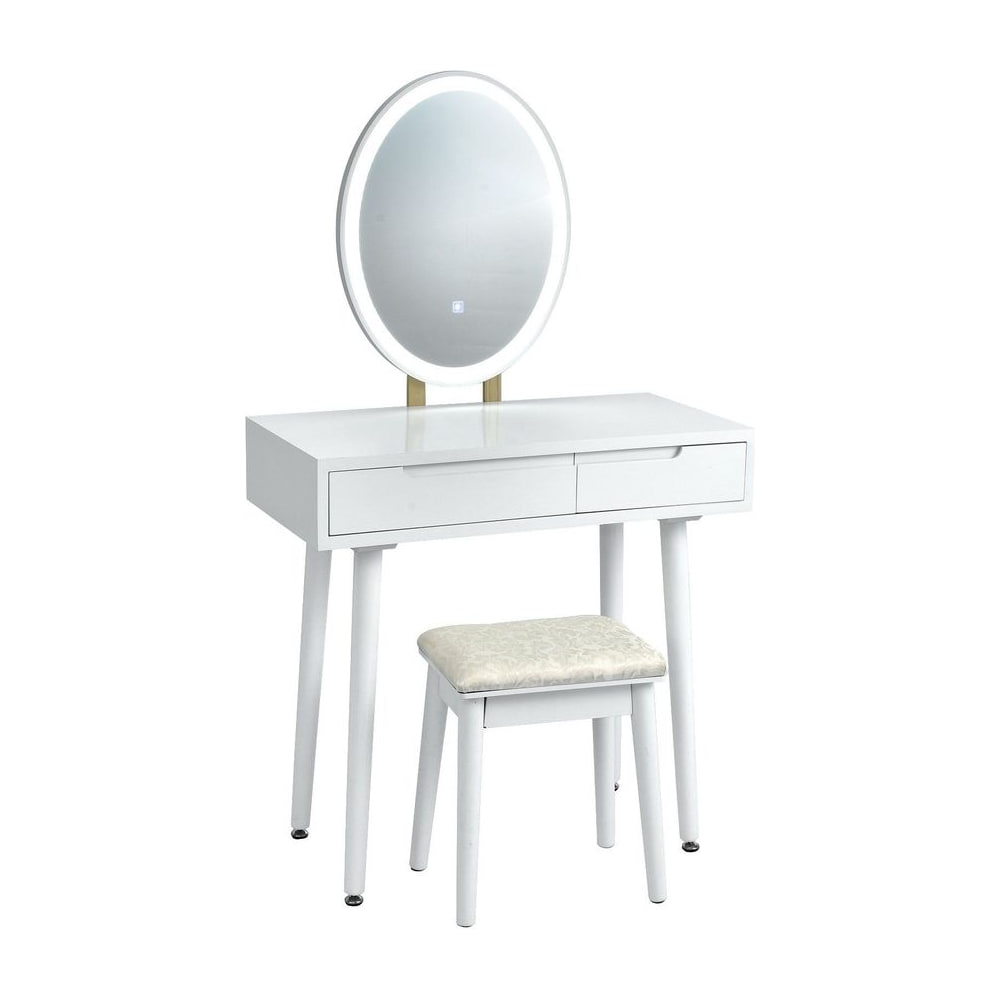 Vanity Table Set with Surrounded LED Tape Lights in white with a stool and illuminated mirror