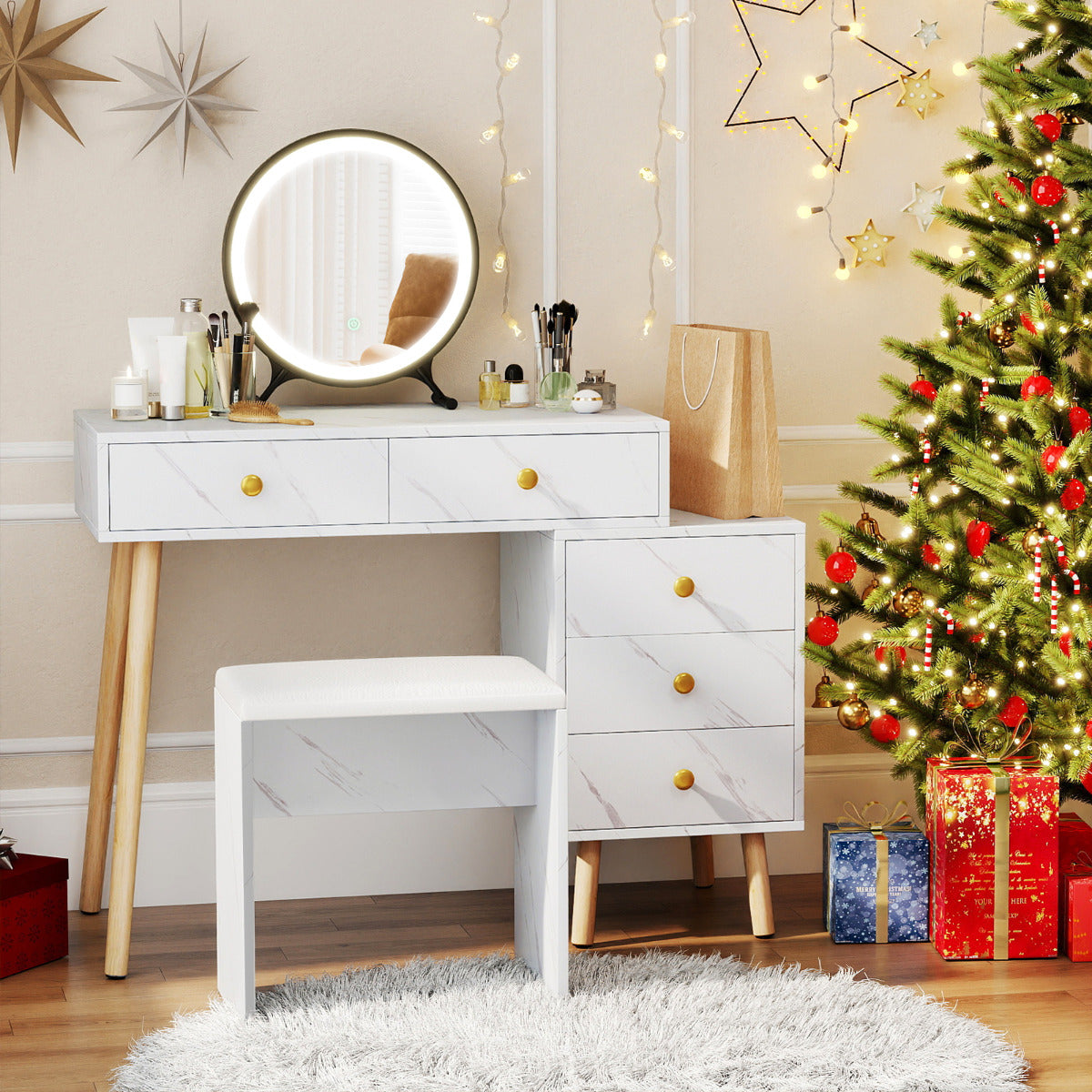Vanity Desk Makeup Vanity Set with Removable Mirror-White