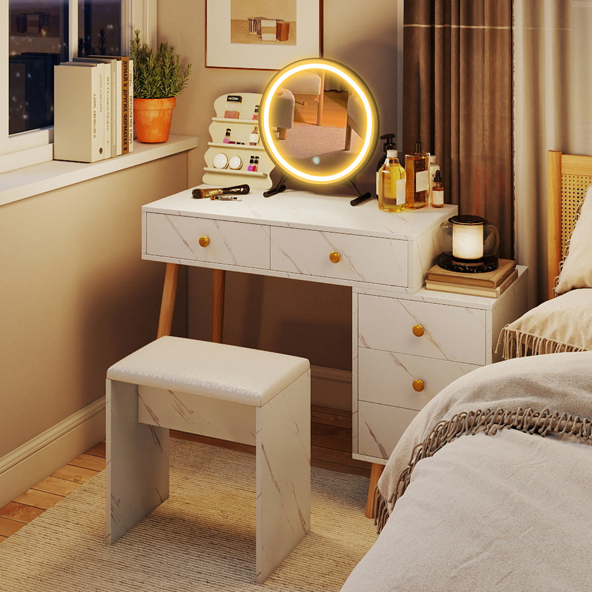 Vanity Desk Makeup Vanity Set with Removable Mirror-White