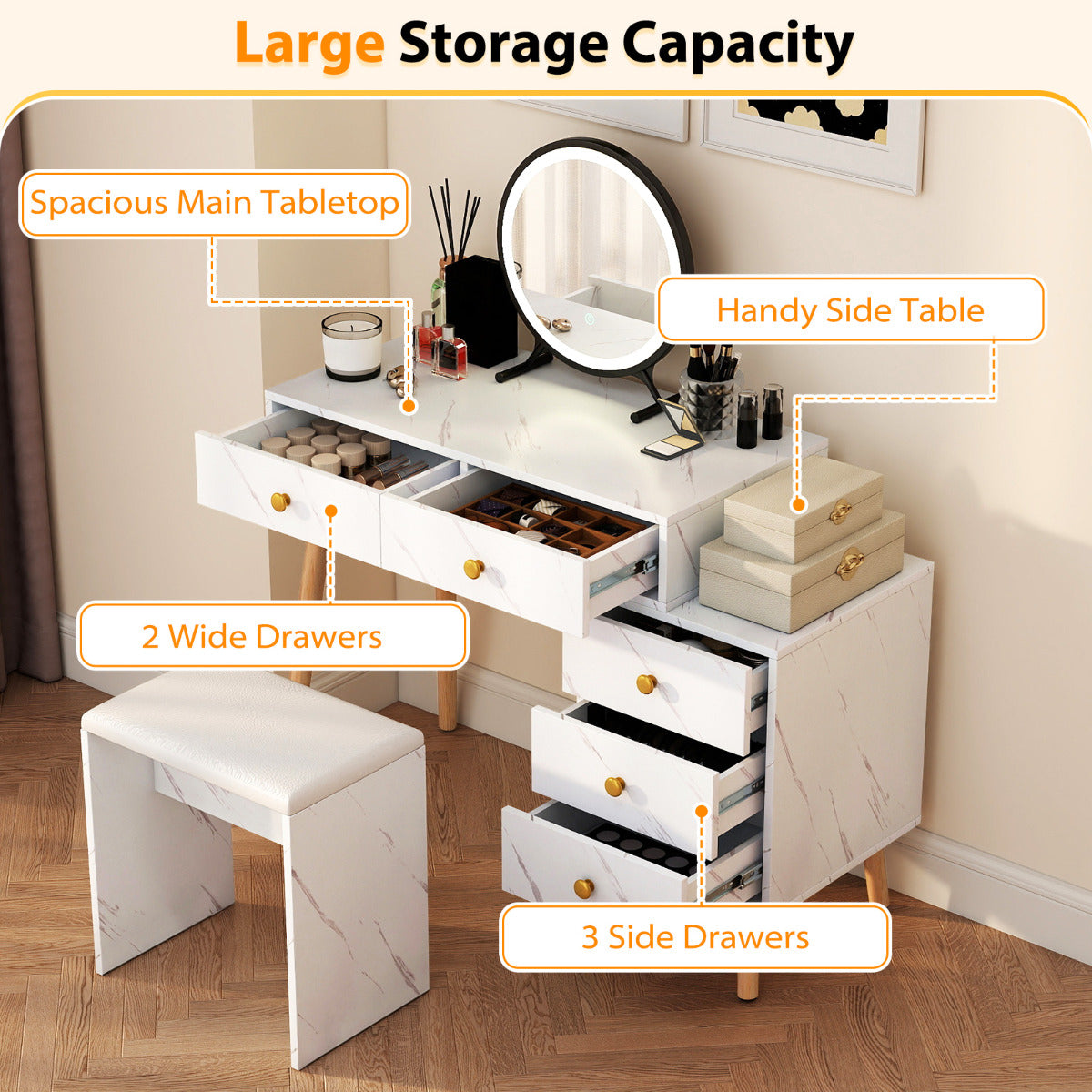 Vanity Desk Makeup Vanity Set with Removable Mirror-White