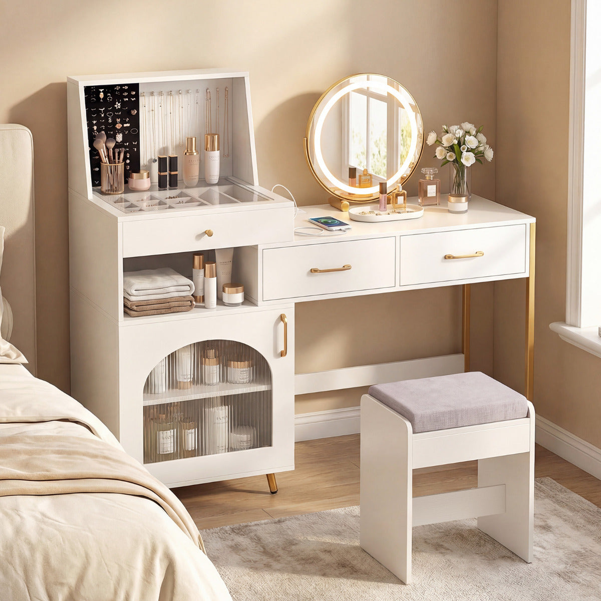 Vanity Desk with Mirror and Lights Makeup Vanity Table with 3 Lighting Modes-White