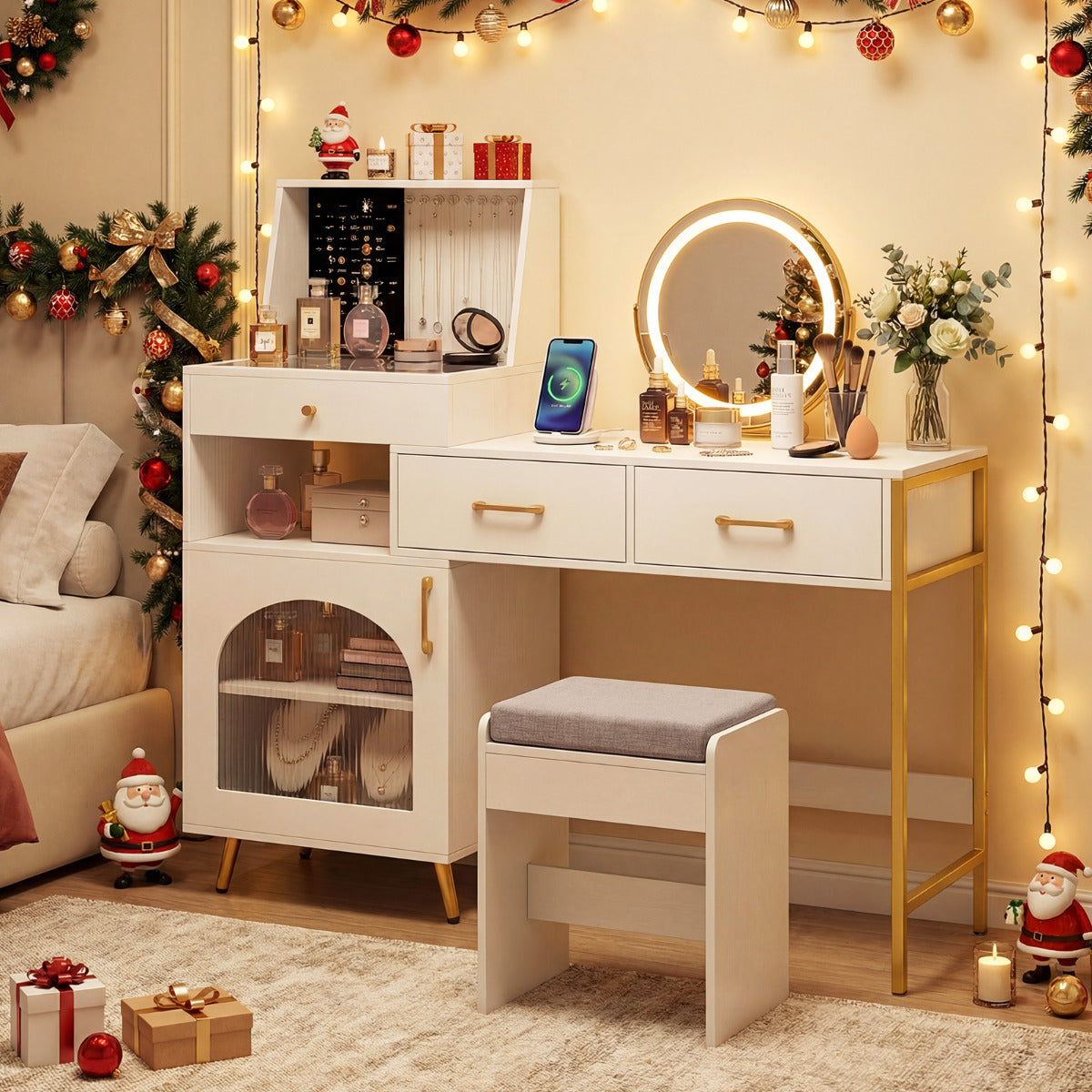 Vanity Desk with Mirror and Lights Makeup Vanity Table with 3 Lighting Modes-White