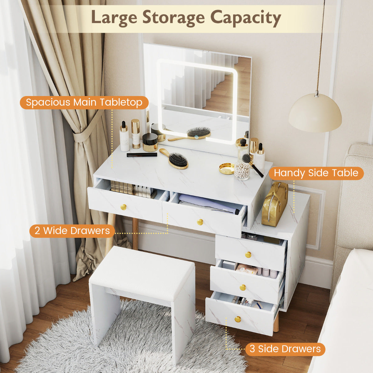 Vanity Desk Makeup Vanity Set with 3 Lighting Modes-White