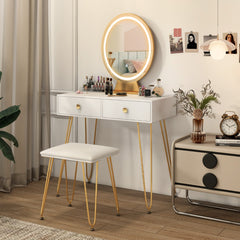 Vanity Set with LED Lighted Mirror and Soft Cushioned Stool for Bedroom-White
