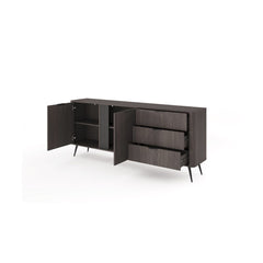 The sideboard cabinet with its two cupboard doors and three drawers open