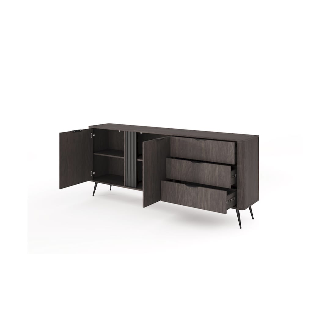 The sideboard cabinet with its two cupboard doors and three drawers open
