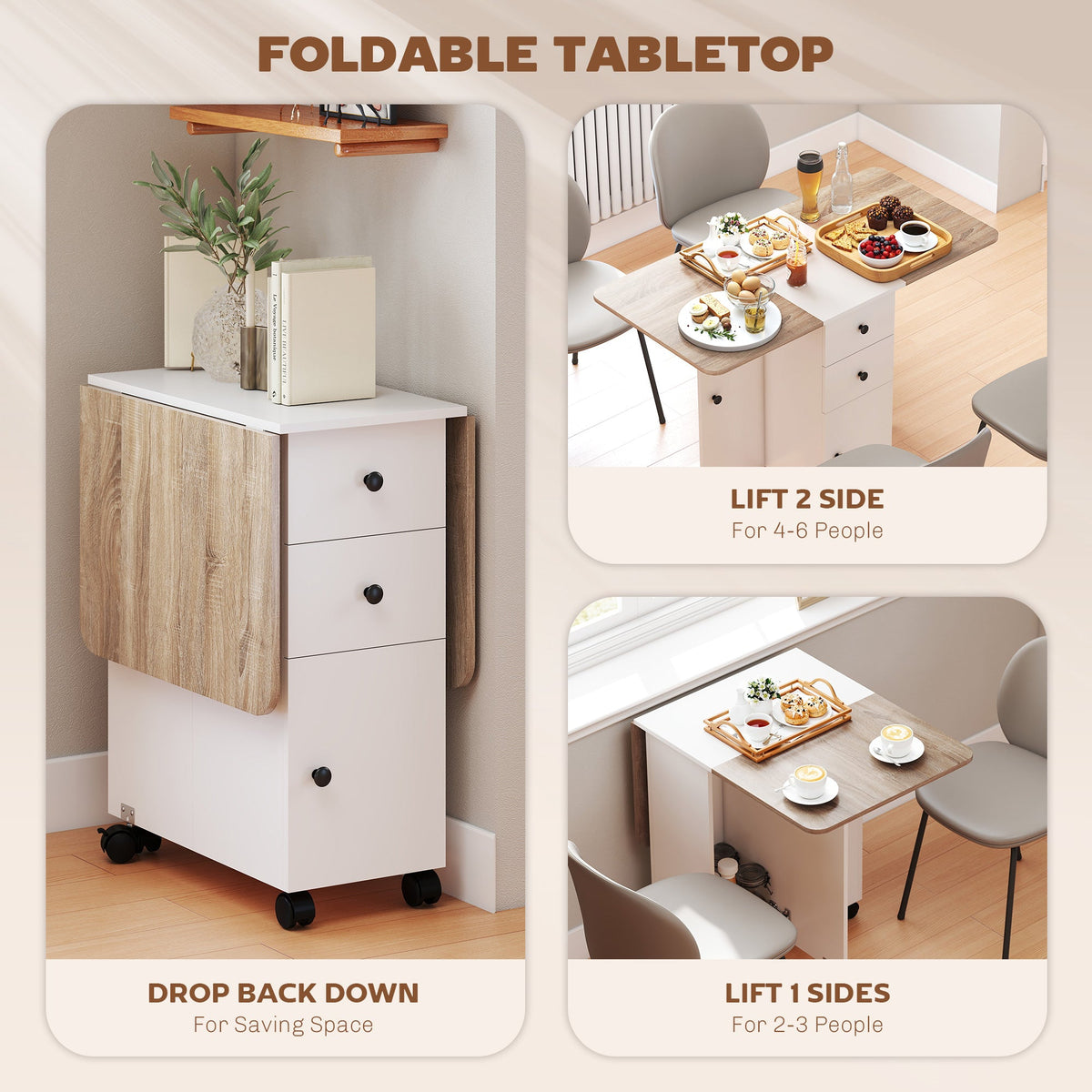 HOMCOM Multi-Storage Six-Person Drop Leaf Dining Table - Oak and White