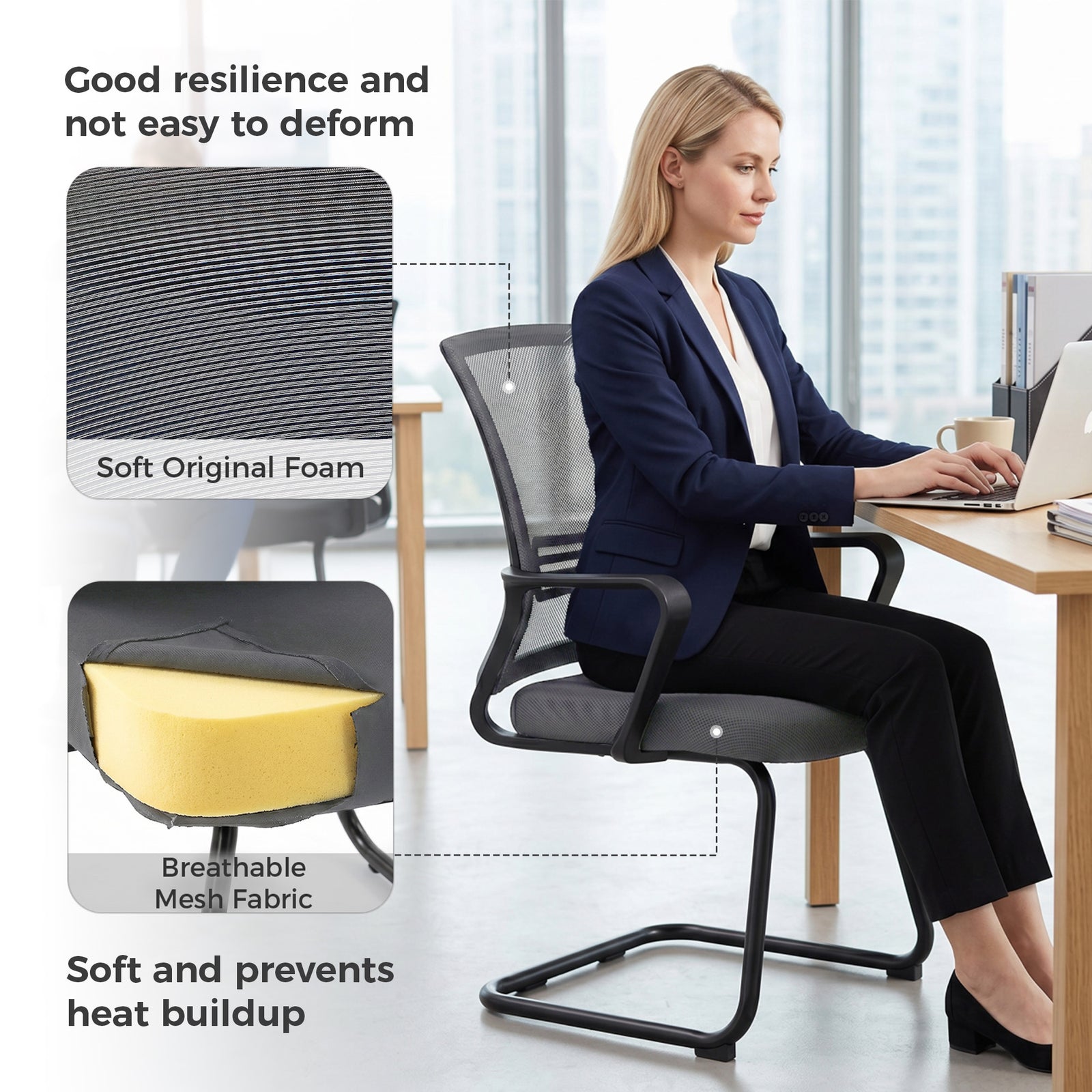 HOMCOM Padded Meeting Office Chair, Ergonomic Desk Chair No Wheels with Sled Base for Bedroom, Waiting, Reception, Dark Grey