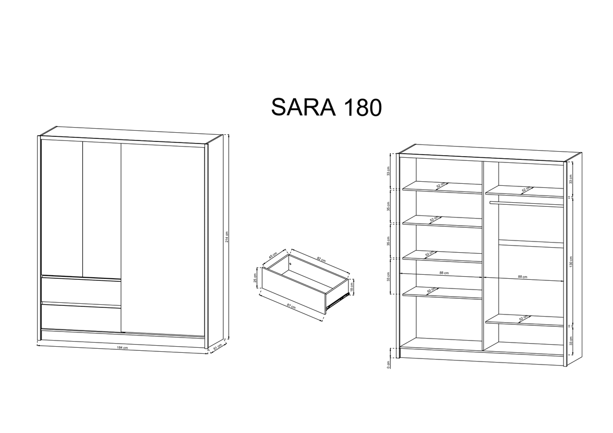 Diagram showing the dimensions and parts of the sliding door wardrobe