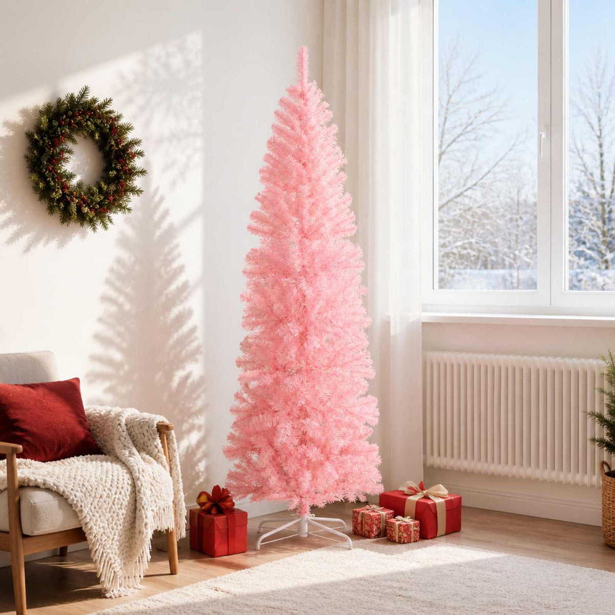 vidaXL Artificial Slim Christmas Tree 180 cm PVC and Steel Pink 1