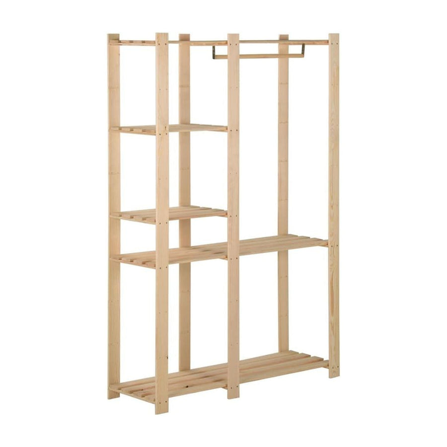 Clothes Rack Solid Pinewood, a tall wooden unit with shelves and a hanging rail
