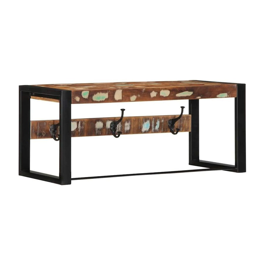 vidaXL Coat Rack Multicolour Solid Wood Reclaimed with three black hooks and a hanging rail