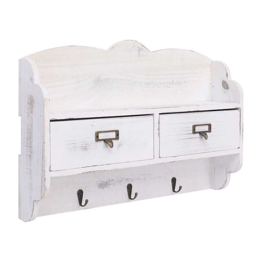 Wall Mounted Coat Rack White with two drawers and three hooks shown from a side angle